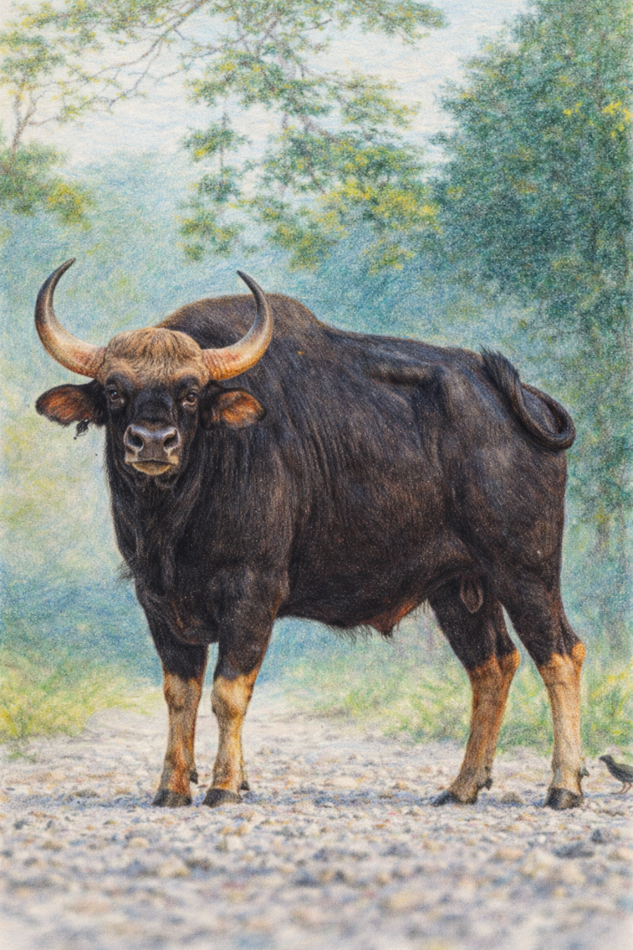 Painting of a Indian Bison standing on a path with trees in the background